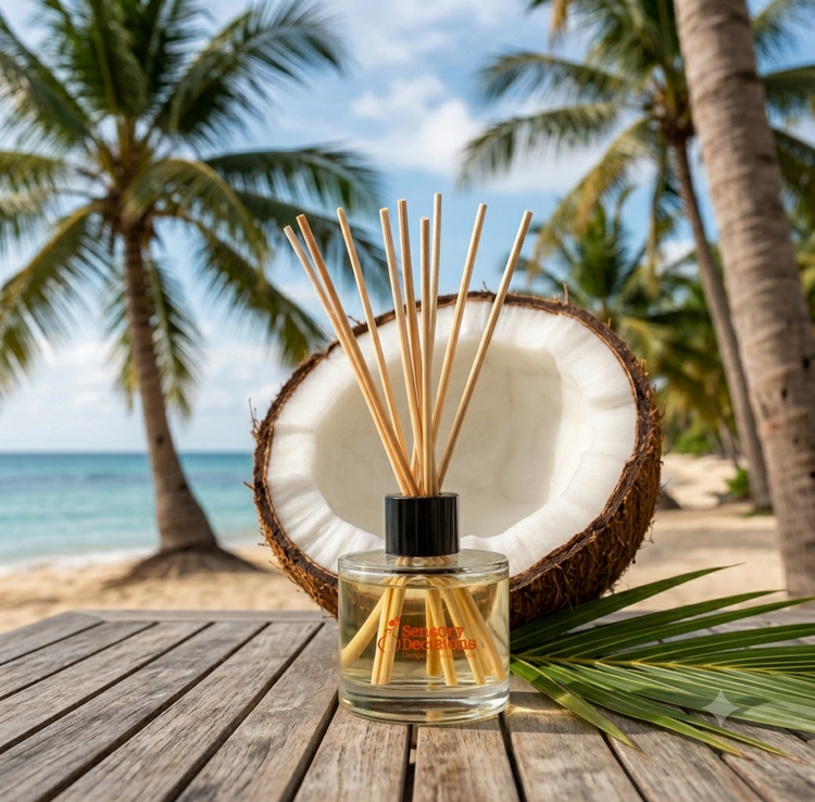 coconut reed diffuser in front of a sliced coconut and palm trees, outside