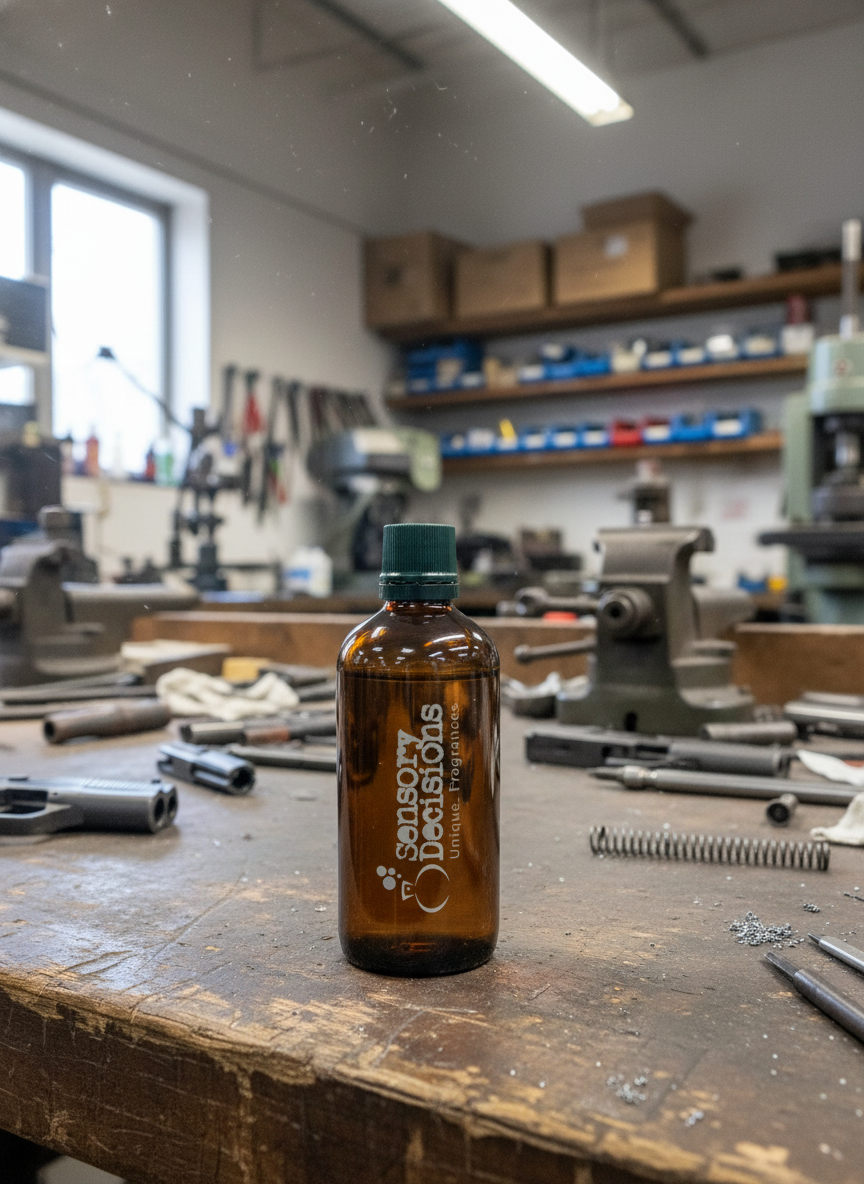 Brown bottle with green cap on a workshop table with tools and equipment in the background