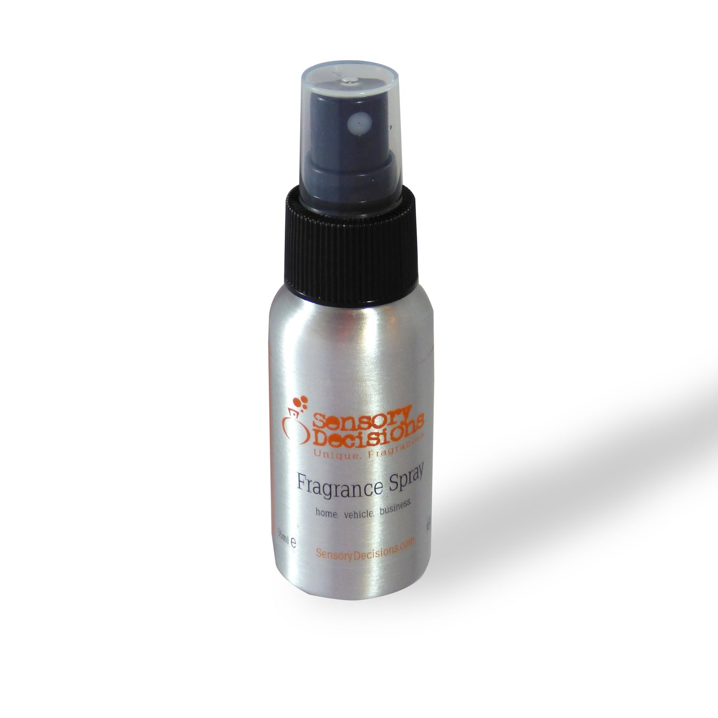 A silver metal spray bottle of Sensory Decisions New Car Fragrance with a black spray nozzle and a clear cap, set against a plain white background with a soft shadow.