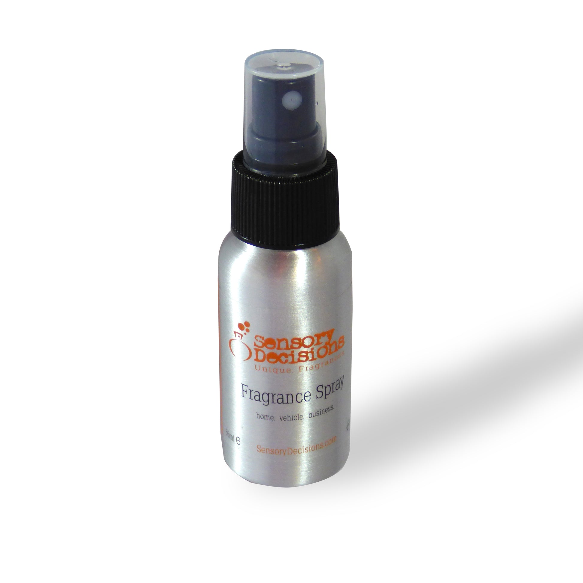A silver metal spray bottle of Sensory Decisions New Car Fragrance with a black spray nozzle and a clear cap, set against a plain white background with a soft shadow.