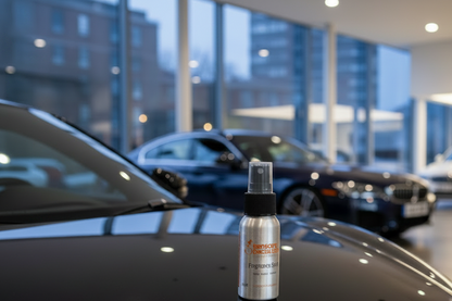 new-car-fragrance-car-air-freshener on the bonnet of a car in a showroom
